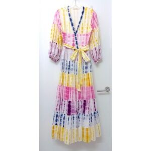 Charina Sarte Holi Tie Dye Stripe Print Maxi Wrap Dress Pink Purple Yellow S